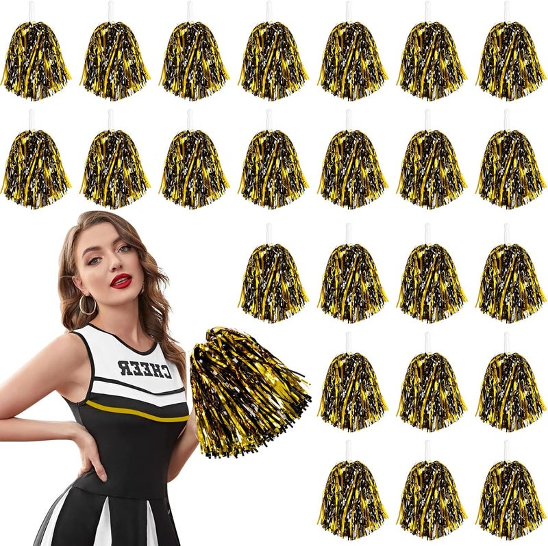 DILIBRA 24 Pcs Metallic Cheerleading Pom Poms for Kids, Cheerleaders Cheer Pom Poms with Baton Handle, Cheering Squad Hand Flower for Adults Team Spirit Sports Game Dancing Party - Image 1